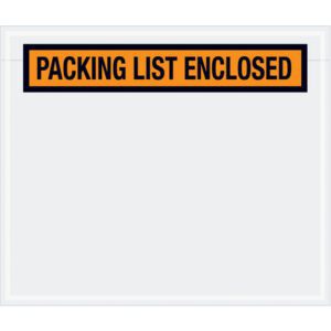The MH-USA 6 1/2 x 5 Orange Packing List Enclosed Envelopes feature a transparent design with a bold orange label and black text, ideal for securing shipping documents against a plain white background.