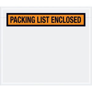 This transparent pouch has an eye-catching orange and black label saying PACKING LIST ENCLOSED, similar to the MH-USA 7 x 6 Orange Packing List Enclosed Envelopes (1000/Case). Its perfect for securing your shipping documents.