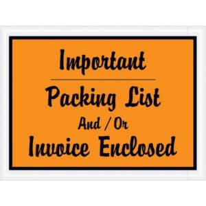 MH-USA 4 1/2 x 6 orange envelopes with black Important Packing List And/Or Invoice Enclosed text and white border, sold in cases of 1000, ensure crucial documents are visible.