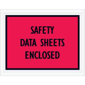 The MH-USA 7 x 5 1/2 red envelopes for Safety Data Sheets Enclosed feature a bold black border and text. Sold in cases of 1000, they ensure secure and easily identifiable document storage.