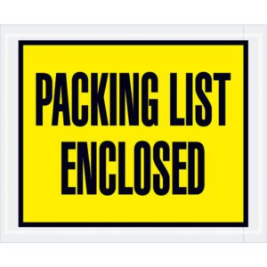 A yellow sign with black text, PACKING LIST ENCLOSED, mirrors the MH-USA 4.5 x 5.5 Yellow Packing List Enclosed Envelopes (1000/Case).