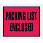 A bold red sign displays Packing List Enclosed in sharp black letters within a tidy white border, perfectly matching MH-USAs 4 1/2 x 5 1/2 Red Packing List Enclosed Envelopes, available in a case of 1000.