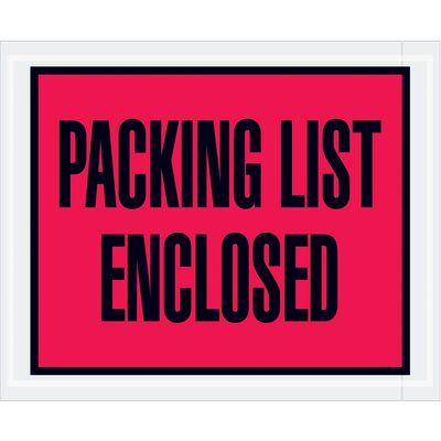 PL402.jpg A bold red sign displays Packing List Enclosed in sharp black letters within a tidy white border, perfectly matching MH-USAs 4 1/2 x 5 1/2 Red Packing List Enclosed Envelopes, available in a case of 1000.