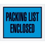 Blue label with bold black text saying PACKING LIST ENCLOSED on a white border, fitting perfectly on the MH-USA 4 1/2 x 5 1/2 Blue Packing List Enclosed Envelopes, sold in cases of 1000.