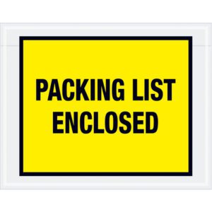 The MH-USA 7 x 5 1/2 Yellow Packing List Enclosed Envelopes (1000/Case) display a yellow sign with a black border and bold black text.