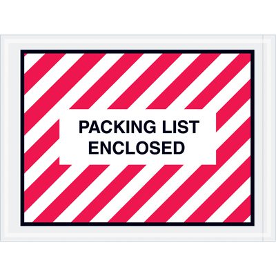 PL409.jpg A label featuring red and white diagonal stripes with a bold black border is styled like the MH-USA 4 1/2 x 6 Red Striped Packing List Enclosed envelopes. At its center, a white rectangle displays PACKING LIST ENCLOSED in bold, black capital letters.