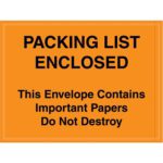 MH-USA 4 1/2 x 6 Orange Important Papers Enclosed Envelopes (1000/Case) display a bold black PACKING LIST ENCLOSED label and contain important documents—do not destroy.