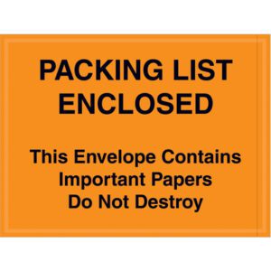 MH-USA 4 1/2 x 6 Orange Important Papers Enclosed Envelopes (1000/Case) display a bold black PACKING LIST ENCLOSED label and contain important documents—do not destroy.