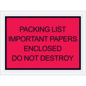 The MH-USA 4 1/2 x 6 red envelopes feature bold black text stating PACKING LIST IMPORTANT PAPERS ENCLOSED DO NOT DESTROY, ideal for ensuring critical documents stand out. Available in cases of 1000.