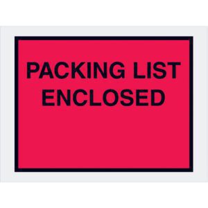 The MH-USA 4 1/2 x 6 red Packing List Enclosed envelopes with a black border and bold uppercase text are ideal for securely displaying shipping information. Available in cases of 1000.