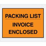 With bold text on an orange background, PACKING LIST INVOICE ENCLOSED appears on MH-USA 4 1/2 x 5 1/2 Orange Packing List/Invoice Enclosed Envelopes (1000/Case), with lines dividing each important phrase to signify document inclusion.