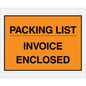 With bold text on an orange background, PACKING LIST INVOICE ENCLOSED appears on MH-USA 4 1/2 x 5 1/2 Orange Packing List/Invoice Enclosed Envelopes (1000/Case), with lines dividing each important phrase to signify document inclusion.