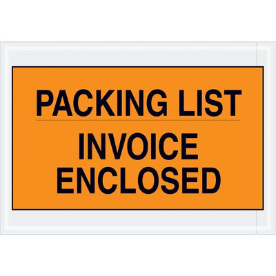 PL419.jpg A bold black text on an orange label reads PACKING LIST INVOICE ENCLOSED in all caps, surrounded by a clear plastic border, ideal for MH-USA 7 x 10 Orange Envelopes (1000/Case).