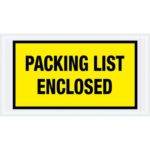 The MH-USA 5 1/2 x 10 Yellow Packing List Enclosed Envelopes (1000/Case) feature a yellow sign with a black border and bold black text, PACKING LIST ENCLOSED, ensuring secure and organized shipping documentation.
