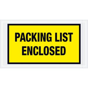 The MH-USA 5 1/2 x 10 Yellow Packing List Enclosed Envelopes (1000/Case) feature a yellow sign with a black border and bold black text, PACKING LIST ENCLOSED, ensuring secure and organized shipping documentation.