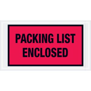 The MH-USA 5 1/2 x 10 red Packing List Enclosed envelopes (1000/case) feature a red rectangular label with a sleek black border and bold text, ensuring your documents are secure and noticeable.