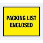 The MH-USA 10 x 12 Yellow Packing List Enclosed Envelopes (500/Case) feature a rectangular yellow sign with PACKING LIST ENCLOSED in bold black letters, framed by a thin white border for enhanced visibility and clarity.