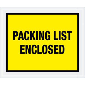 The MH-USA 10 x 12 Yellow Packing List Enclosed Envelopes (500/Case) feature a rectangular yellow sign with PACKING LIST ENCLOSED in bold black letters, framed by a thin white border for enhanced visibility and clarity.