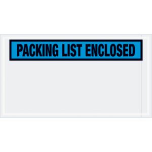 The blue label with black text reads PACKING LIST ENCLOSED in bold, centered on a white background, designed for MH-USA 5 1/2 x 10 Blue Envelopes (1000/Case) to secure shipping documents.