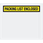 The MH-USA 10 X 12 envelopes have a transparent design with a yellow label saying PACKING LIST ENCLOSED in black. Ideal for organizing, they come in a case of 500.