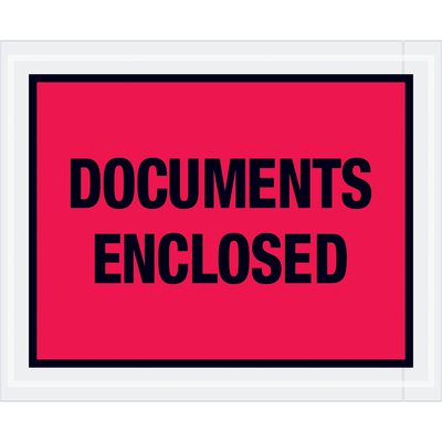 PL438.jpg The MH-USA 4 1/2 x 5 1/2 red Documents Enclosed envelopes feature a bold black label on a white background, ideal for securely marking envelopes. Sold in cases of 1000, they ensure vital documents are easily identified and protected.