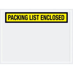 An MH-USA 4 1/2 x 6 envelope, featuring a transparent front and the bold message PACKING LIST ENCLOSED on a yellow stripe, is available in cases of 1000 for all your shipping needs.