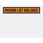 A striking orange and black sign reads PACKING LIST ENCLOSED on a clear white backdrop, akin to the MH-USA 4 1/2 x 6 Orange Packing List Enclosed Envelopes (1000/Case).