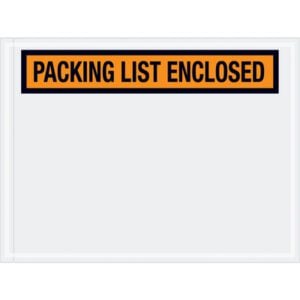 A striking orange and black sign reads PACKING LIST ENCLOSED on a clear white backdrop, akin to the MH-USA 4 1/2 x 6 Orange Packing List Enclosed Envelopes (1000/Case).