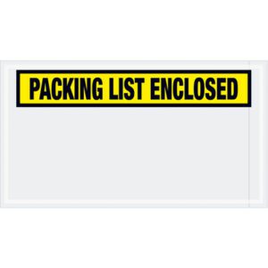 The MH-USA 5 1/2 x 10 Yellow Packing List Enclosed Envelopes feature a bold yellow and black label, ideal for securing and displaying documents on packages. Available in cases of 1000 for all your packing needs.