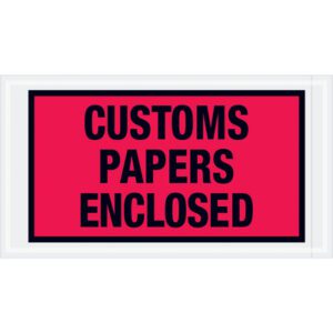 A vivid red sign with black lettering CUSTOMS PAPERS ENCLOSED resembles the MH-USA 5 1/2 x 10 Red Customs Papers Enclosed Envelopes, available in a case of 1000.