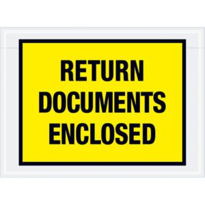 A MH-USA 7 1/2 x 5 1/2 yellow envelope case with bold black text RETURN DOCUMENTS ENCLOSED is encased in a clear plastic frame.