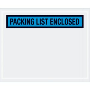 The MH-USA 4 1/2 x 5 1/2 envelopes are clear plastic pouches featuring a bold blue Packing List Enclosed label, perfect for package use. Sold in cases of 1000, they efficiently meet shipping needs.
