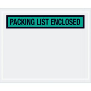 The MH-USA 4 1/2 x 5 1/2 envelopes, with a transparent adhesive pouch and green Packing List Enclosed label, come in cases of 1000 for secure document handling.