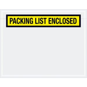 The MH-USA 7 x 5 1/2 Yellow Packing List Enclosed Envelopes feature a clear sleeve with a black and yellow label displaying the text and come in a convenient case of 1000, ensuring secure document presentation.