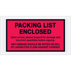 The MH-USA 5 1/2 x 10 red Packing List Enclosed envelopes (1000/case) have a rectangular label with a black border saying: PACKING LIST ENCLOSED. Inspect for damage and incorrect quantities before signing. Note any damage on the bill of lading for claims.