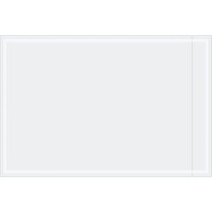 A clear glass whiteboard with beveled edges is mounted on the wall, offering a sleek, modern look. Its pristine surface resembles the MH-USA 6 x 9 Clear Face Document Envelopes (1000/Case), perfect for use with dry erase markers.