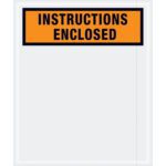 The image depicts a clear pouch with an orange label stating INSTRUCTIONS ENCLOSED. Its a perfect match for MH-USA 12 x 10 Orange Instructions Enclosed Envelopes, sold in cases of 500, ideal for convenience and organization.