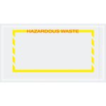 A white label with a yellow border featuring diagonal stripes resembles the MH-USA 5 1/2 x 10 Yellow Border Hazardous Waste Document Envelopes (1000/Case), with bold red text at the top announcing HAZARDOUS WASTE.