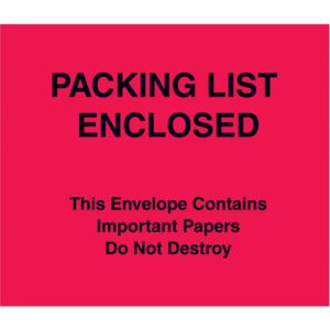 The MH-USA 7 x 6 red envelope features bold black text stating Packing List Enclosed and a warning that it contains important papers not to be destroyed, available in cases of 1000 for secure document handling.