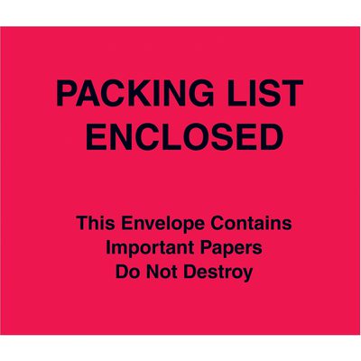 PL483.jpg The MH-USA 7 x 6 red envelope features bold black text stating Packing List Enclosed and a warning that it contains important papers not to be destroyed, available in cases of 1000 for secure document handling.