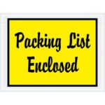 A yellow sign with a white border displays the black text Packing List Enclosed, similar to MH-USA 4 1/2 x 6 Yellow Packing List Enclosed Envelopes (1000/Case).