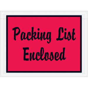 A red label with a white border features Packing List Enclosed in bold, black script, resembling the MH-USA 4 1/2 x 6 Red Packing List Enclosed Envelopes available in cases of 1000.