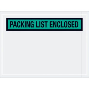 A bold green and black PACKING LIST ENCLOSED label is prominently displayed at the top of a white pouch with a transparent window, mimicking MH-USAs 4 1/2 x 6 Green Packing List Enclosed Envelopes (1000/Case).