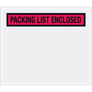 The MH-USA 7 x 6 red Packing List Enclosed envelopes, sold in cases of 1000, feature a bold red label with PACKING LIST ENCLOSED in black text and are expertly designed to securely hold essential shipping documents.