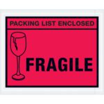 A red label with a broken wine glass icon states PACKING LIST ENCLOSED and FRAGILE in bold black, ideal for MH-USA 4 1/2 x 5 1/2 Red Packing List Enclosed - Fragile Envelopes (1000/Case).