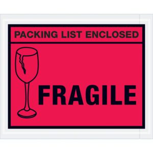 A red label with a broken wine glass icon states PACKING LIST ENCLOSED and FRAGILE in bold black, ideal for MH-USA 4 1/2 x 5 1/2 Red Packing List Enclosed - Fragile Envelopes (1000/Case).