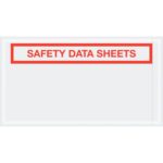 The image shows a sign with a red border and bold red text SAFETY DATA SHEETS on a white background, similar to the MH-USA 5 1/2 x 10 Safety Data Sheets SDS Envelopes, which are available in cases of 1000.