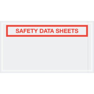 The image shows a sign with a red border and bold red text SAFETY DATA SHEETS on a white background, similar to the MH-USA 5 1/2 x 10 Safety Data Sheets SDS Envelopes, which are available in cases of 1000.