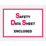 The image shows a sign with Safety Data Sheet Enclosed in bold, featuring SDS prominently highlighted in red, while the rest is black. A red border frames it, resembling MH-USAs 6 1/2 x 5 SDS Envelopes (1000/Case).