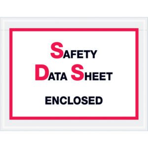 The image shows a sign with Safety Data Sheet Enclosed in bold, featuring SDS prominently highlighted in red, while the rest is black. A red border frames it, resembling MH-USAs 6 1/2 x 5 SDS Envelopes (1000/Case).
